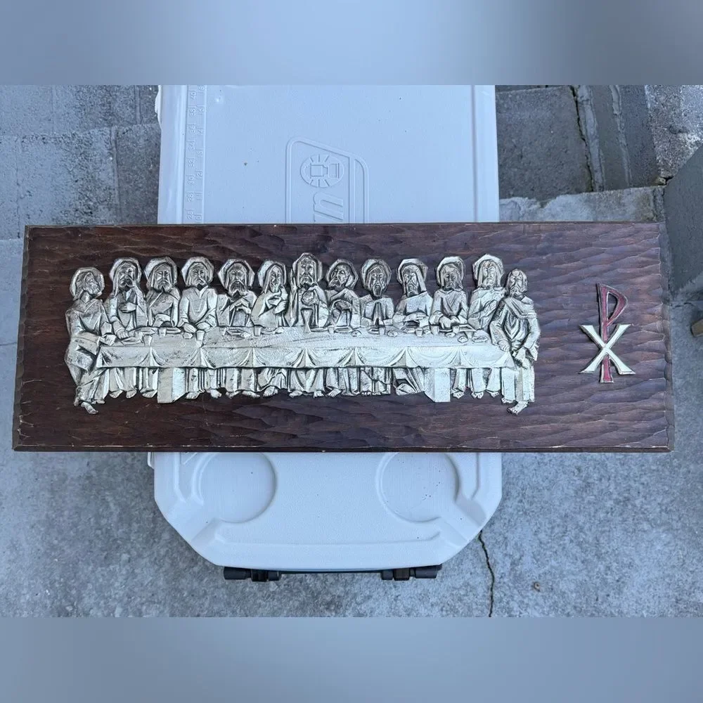 Vintage Last Supper Wood Carved Wall Art Panel Christian Chi Rho Decor